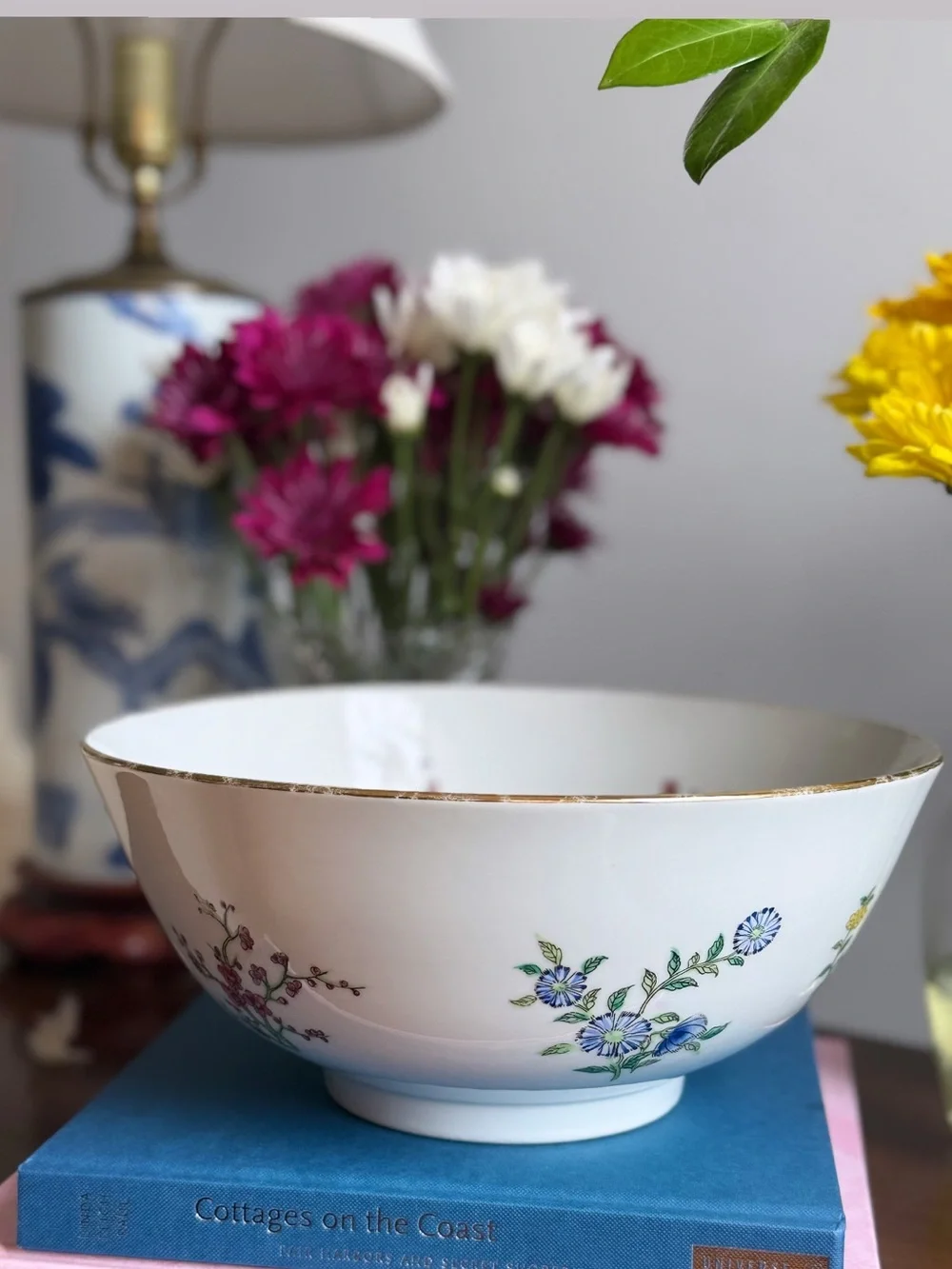 Floral Porcelain Serving Bowl in White with Multicolor Flower Motif